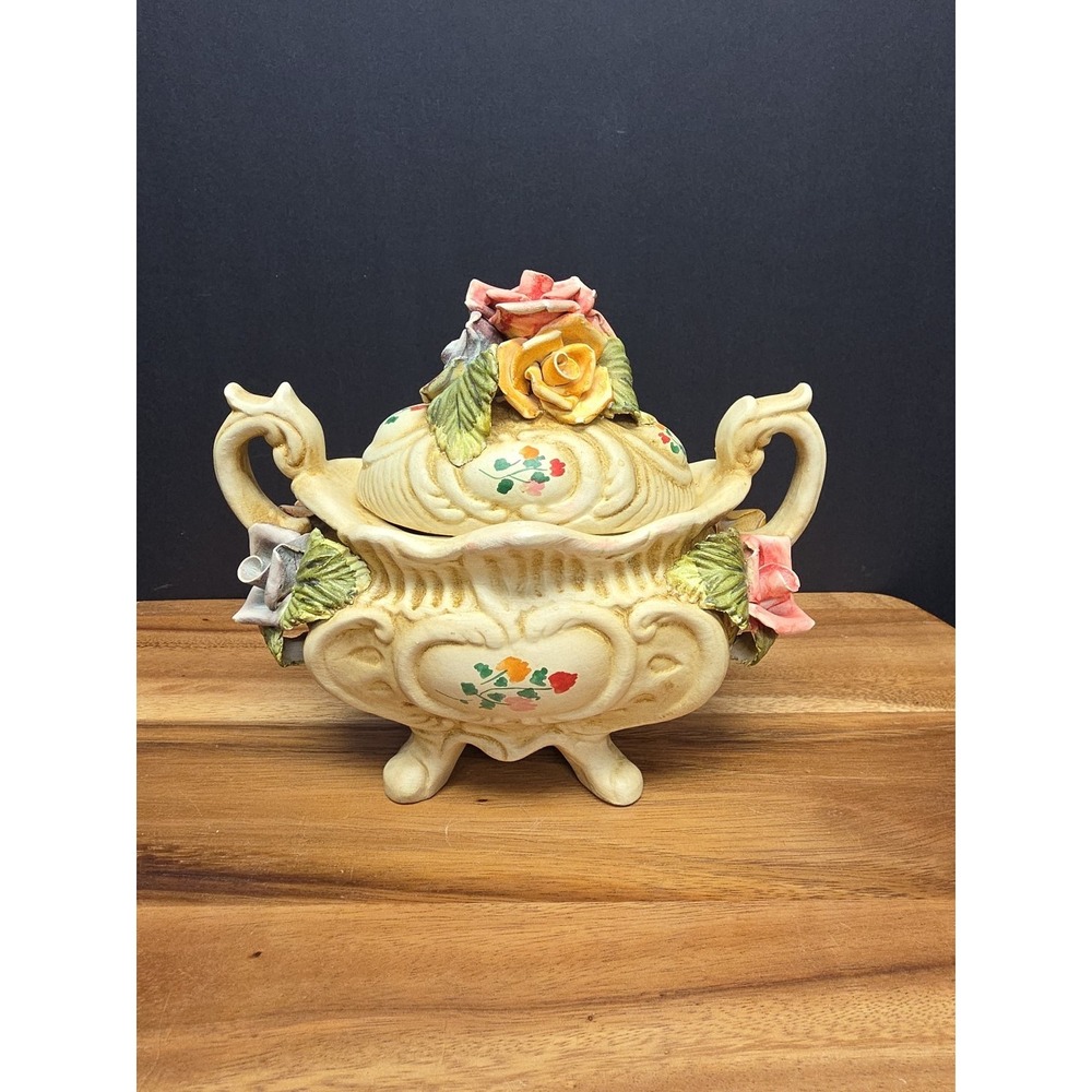 Vintage Italian Capodimonte Pink Yellow Purple Rose Soup Tureen With Lid